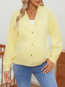 SHEIN Women Loose Fit Solid Color Button Front Short Knit Cardigan, Suitable For Pregnant Women, Autumn/Winter - Yellow - View 5