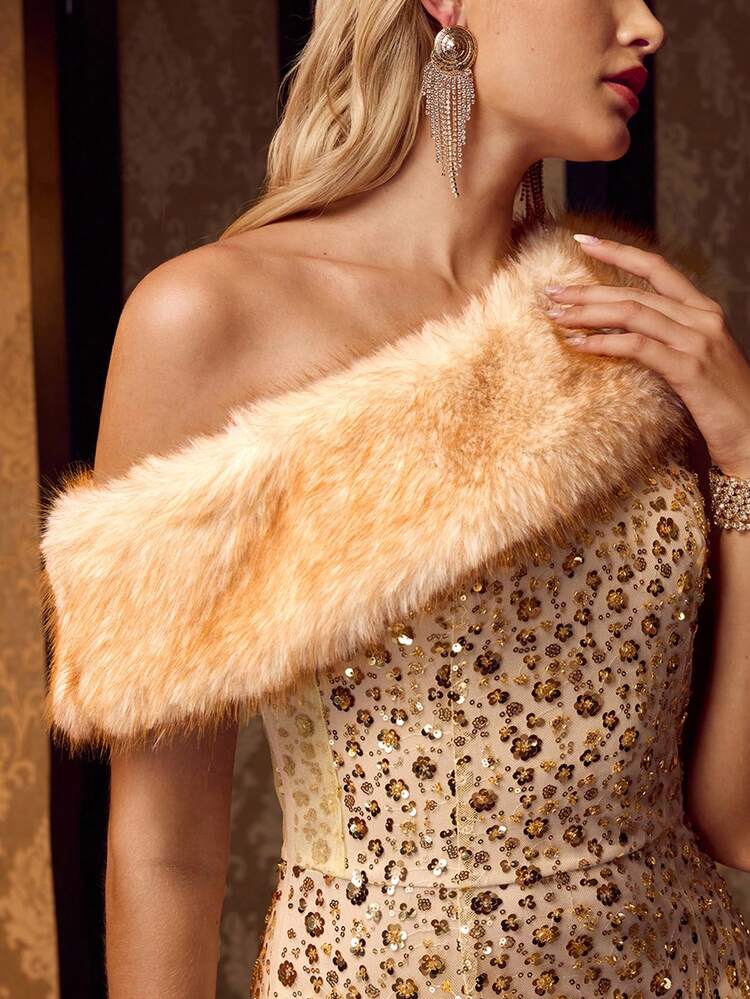 MOTF Soiréza Abito da sera lungo da donna con ricamo pesante di perline, patchwork in pelliccia sintetica e orlo asimmetrico