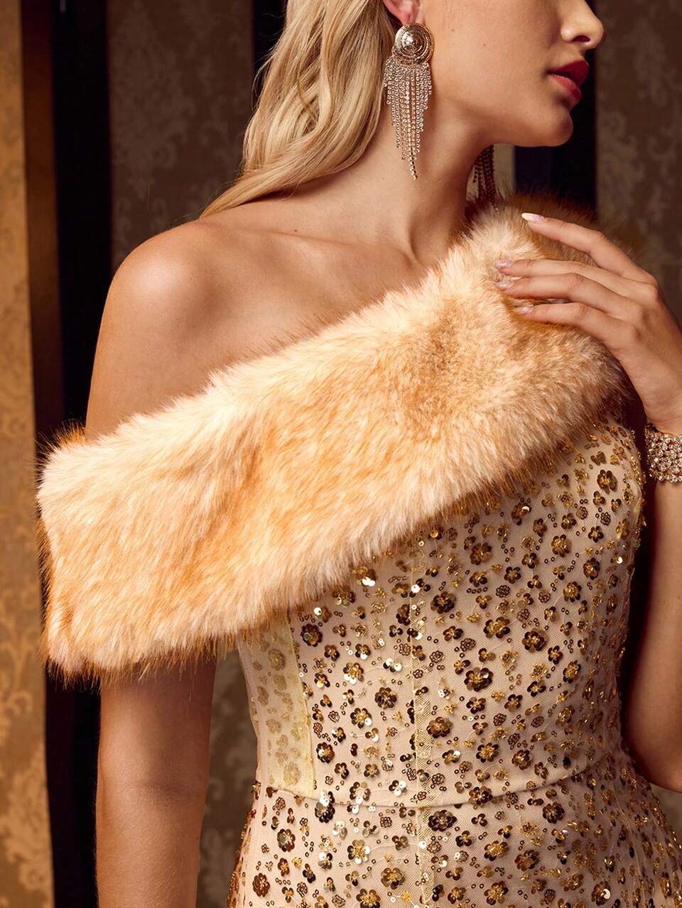 MOTF Soiréza WOMEN'S HEAVY BEADED EMBROIDERY FAUX FUR PATCHWORK ASYMMETRIC HEM LONG FORMAL DRESS