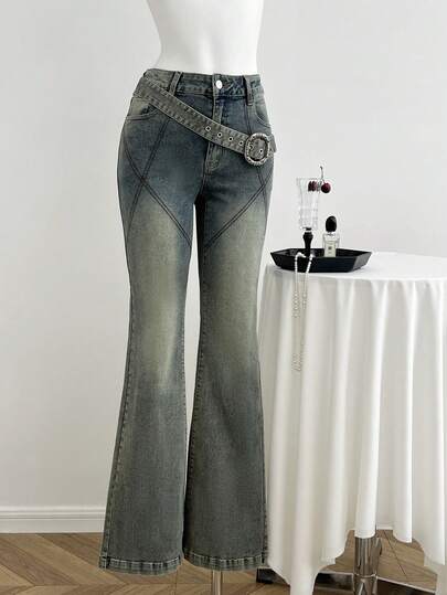 Elamini Women's Fashionable Vintage Washed Flare Jeans