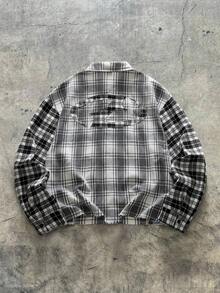 AXEPEAK Contrast Plaid Long Sleeve Button-Front Casual Shirt For Men, For Fall - Black and White - View 2