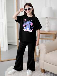 女童可爱兔子卡通印花圆领短袖T恤和紧身针织喇叭裤黑色可爱两件套 - 黑色 - 查看 4