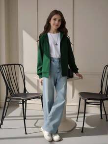 SHEIN 青少年女孩休閒基礎款寬鬆連帽衛衣 | 深綠色拉鍊開襟衛衣外套童裝 | 秋季校園運動休閒衛衣 - 軍綠色 - 查看 5
