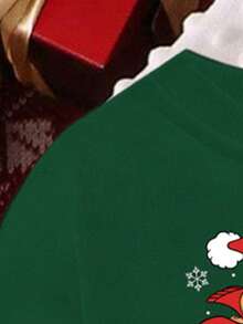 SHEIN 圣诞快乐幼儿男童休闲时尚创意卡通可爱圣诞小狗动物印花圆领运动衫和裤子两件套，秋季服装 - 墨綠色 - 查看 5