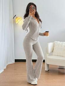 Rafferiza Casual Fashion, All-Match Hooded Sweatshirt, Waist-Cinching Jacket With Pockets, Flared Pants, Ribbed Knitted Autumn And Winter Women's Two-Piece Suit, Comfortable Women's Autumn And Winter Series, Autumn And Winter Women's Suits, Women's Autumn Clothing - Apricot - View 6