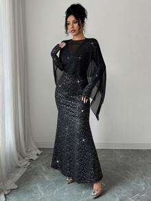 Rafferiza 优雅长款鱼尾下摆二合一AB拼接披肩针织网纱金箔针织面料秋冬黑色优雅女装优雅派对礼服女士优雅连衣裙闪亮亮片连衣裙女士亮片连衣裙时尚晚礼服黑色连衣裙女士优雅套装 - 黑色 - 查看 5