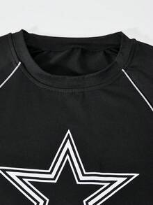 Sparklyn Conjunto de camiseta y pantalones casuales para adolescentes y niñas preadolescentes, con estampado de estrella blanca en el pecho y cordón decorativo blanco, adecuado para caminar, ir de compras, ir a la escuela, se puede combinar con chaqueta o chaleco