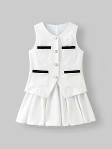 Ontre Tween Girl Contrast Color Metal Buckle Vest & Peplum Decorated Skirt 2 Pieces Set