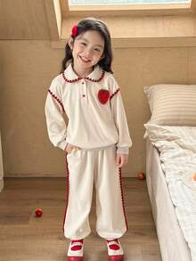 SHEIN Young Girls Casual Collared Pullover Sweatshirt & Tapered Leg Pants Set - Khaki - View 3