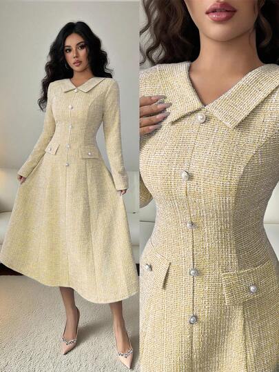 Elenzga 女式纹理面料 V 领荷叶边领 A 字中长连衣裙，腰部收紧，金属珍珠纽扣装饰，优雅美观，适合教师装、约会、生日、感恩节、万圣节、秋冬