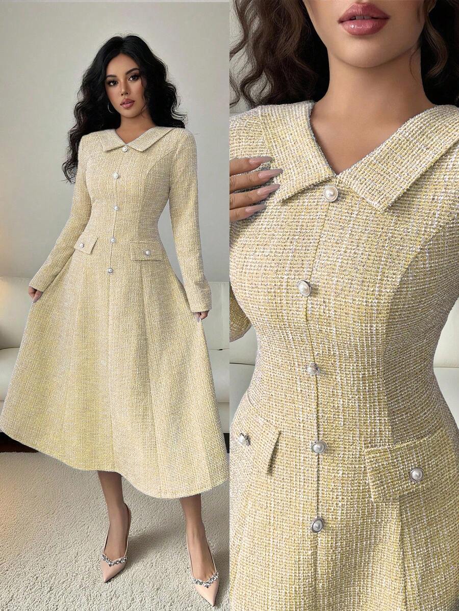 Elenzga 女式纹理面料 V 领荷叶边领 A 字中长连衣裙，腰部收紧，金属珍珠纽扣装饰，优雅美观，适合教师装、约会、生日、感恩节、万圣节、秋冬 - 黃色 - 查看 1