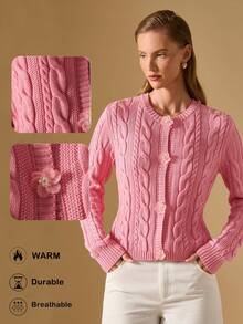 Briarwyn 女士休闲纯色麻花针织纽扣前开衫，秋冬，女士秋季，女士冬季毛衣，老款女士，粉色 - 粉色 - 查看 8