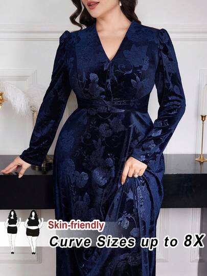 SHEIN CURVE+ 大码女式花卉提花V领泡泡袖优雅连衣裙长款晚礼服