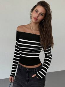 Aloruh Women's Chic Black And White Striped Off-Shoulder Fitted Cropped Knit Top,Minimalist Sexy Coastal Fashion Streetwear Autumn Night Out Date Clothes - Black - View 5