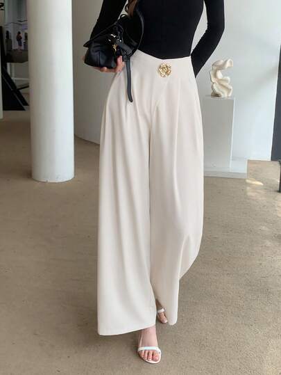 Modelyn 花卉金属扣重叠设计简约优雅办公室女士西装裤秋冬女装