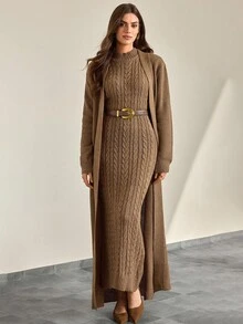 CLARA VERO Women Solid Color Textured Mock Neck Maxi Sweater Dress & Open Front Maxi Cardigan 2pcs Set - Camel - View 6