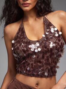 Hauture Top Cropped Sexy Feminina de Gola Alta com Paetês Transparentes para Festa, Noite, Estilo de Outono - Vinho - Visão 2