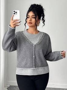 Dazy Plus Plus Size Women Contrast Color Block 2 In 1 Pearl Decor Pullover Sweater - Grey - View 5