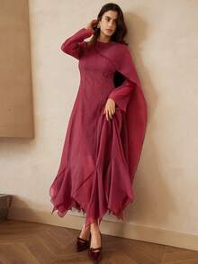 Aveloria Rosie Đầm dài tay nữ dáng suông cổ tròn tay loe nhẹ nhàng, sang trọng, cao cấp, thiết kế xẻ tà, vai đơn - Màu Đỏ Sâu - Xem 5