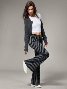 Hanevo Women's Autumn/Winter Casual Sports Yoga Gray & Black Striped Knit Elastic Flare Pants - Dark Grey - View 1