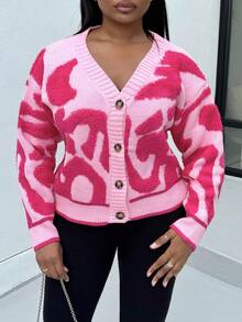 Lässige Farbblock Muster Raglan Strickjacke, geeignet für Herbst/Winter, Feiertage, Neujahr, Valentinstag - Pink - Übersicht 5