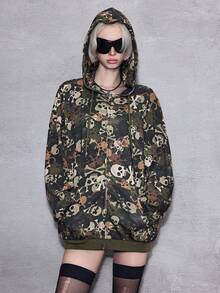 ROMWE Avant Áo nỉ rộng thùng thình in hình đầu lâu và họa tiết rằn ri theo phong cách Y2K Subculture Baddie. - xanh quân đội - Xem 5