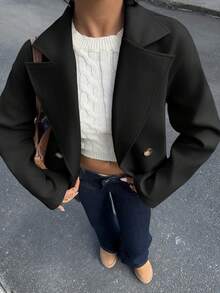SHEIN Unity Áo khoác ngắn tay dài màu mơ, cổ khoét hai bên, cài nút hai hàng khuy, có túi, thời trang khi đi làm, công sở, thường ngày, phong cách cổ điển thanh lịch, phù hợp cho mùa thu/đông - màu đen - Xem 7