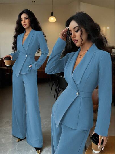 Elenzga Women's Elegant Lapel V-Neck Long Sleeve Unique Design Waist Belt Buttoned High-End Blazer Jacket And Straight Wide-Leg Pants Two Pieces Suit, Suitable For Work Commute In Autumn