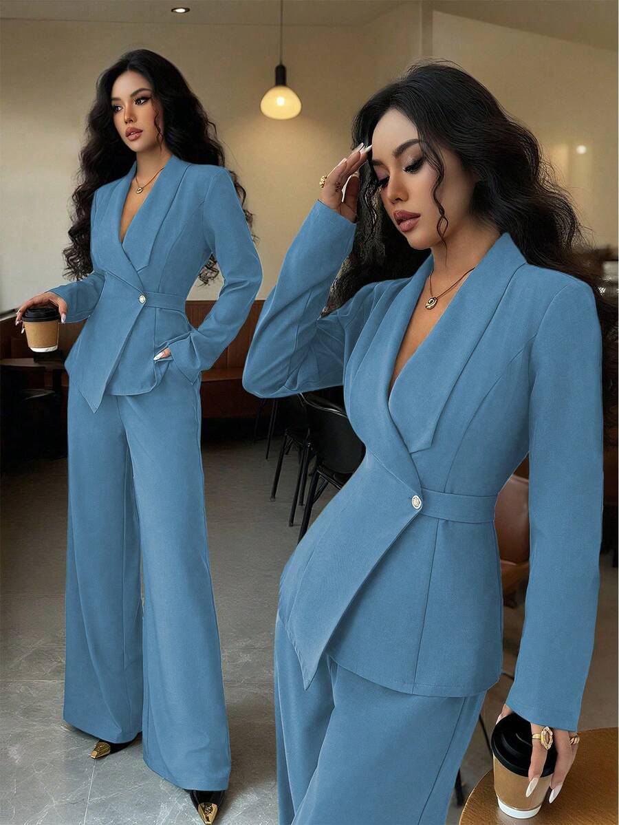 Elenzga Women's Elegant Lapel V-Neck Long Sleeve Unique Design Waist Belt Buttoned High-End Blazer Jacket And Straight Wide-Leg Pants Two Pieces Suit, Suitable For Work Commute In Autumn - Baby Blue - View 1