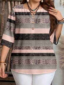 EMERY ROSE Plus Size Women's Casual Boho Pink And Grey Striped Print Shirt,Elegant Summer Vacation Quarter Sleeve Tops,Minimalist Shiny Black & Pink Tops,Flower - Multicolor - View 4