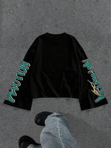 Manfinity ZONE917 Men Street Style Boxy Cropped Loose Distressed Dark Eye Slogan Diamond Ring Graffiti Print Flare Sleeve T-Shirt, Fall