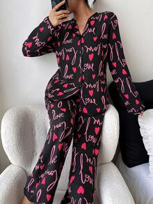 SHEIN 黑色爱心印花荷叶边前襟女士睡衣两件套，秋冬服装 - 彩色 - 查看 3