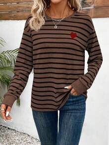 EMERY ROSE Women's Spring/Summer Striped Heart Print Round Neck Casual T-Shirt With Drop Shoulder Sleeves Graphic Tees Women Tops - Multicolor - View 3