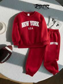 SHEIN 2 件套儿童休闲运动针织字母印花长袖羊毛运动衫和慢跑裤运动服，适合秋冬季 - 酒紅色 - 查看 9