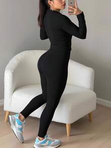 INAWLY 女式休闲纯色修身上衣和裤子两件套 - 黑色 - 查看 2