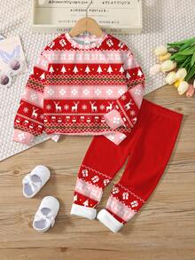 SHEIN Bộ 2 món/Bộ thời trang thường ngày cổ điển cho bé gái hình bông tuyết, chuông, hoa, quà tặng, tuần lộc in hình dễ thương, cổ tròn, tay dài, áo nỉ và quần legging, thích hợp cho mùa thu/đông, Giáng sinh - Nhiều màu - Xem 3