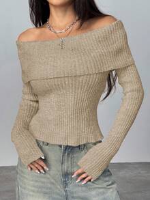 Coolane 女款 Y2K 法兰绒露肩毛衣，白色 - 杏色 - 查看 5