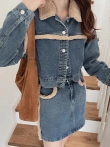 FRIFUL 女式休闲百搭牛仔套装，采用拼布羊羔绒面料 - 藍色 - 查看 5