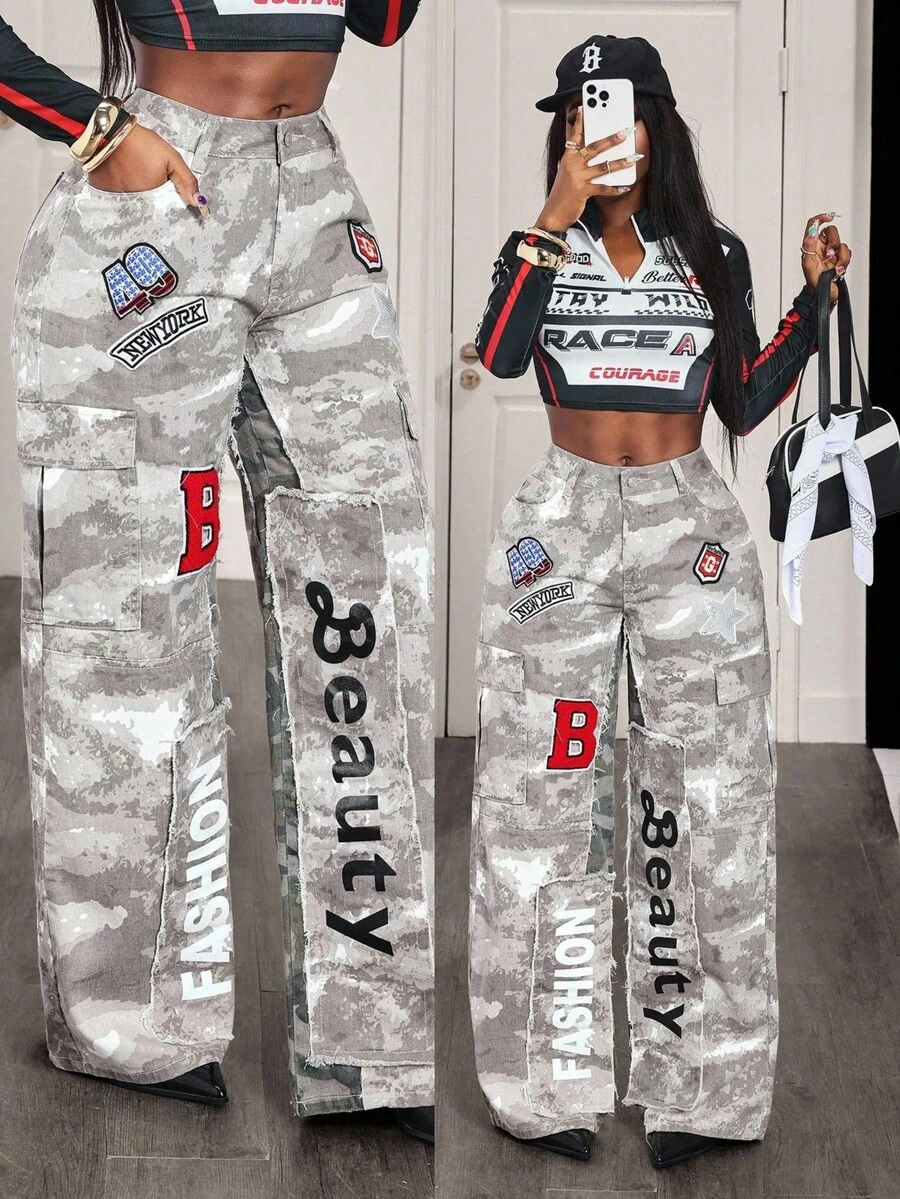 SHEIN BamGlam Women's Camouflage Patchwork Letter Print Wide Leg Cargo Jeans - Multicolor - View 1