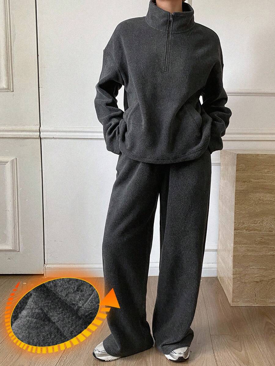 Livesso 2pcs Women's Thermal Lined Loose Fit Solid Pullover Sweatshirt And Straight Leg Sweatpants Set,Dark Grey Winter Casual Lounge Business Outfit - Dark Grey - View 1
