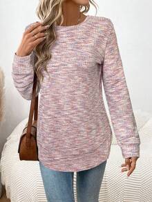 SHEIN LUNE Women's Casual Sweatshirt With Asymmetrical Hem, Floral Chiffon Waffle Texture Fabric, Comfortable For Sports, Home, And Elegant Outings, Autumn/Winter Women Long Sleeve Tops Long T Shirt For Women Knitted Tops For Women Women Casual Tops Space Dye Top,Fall