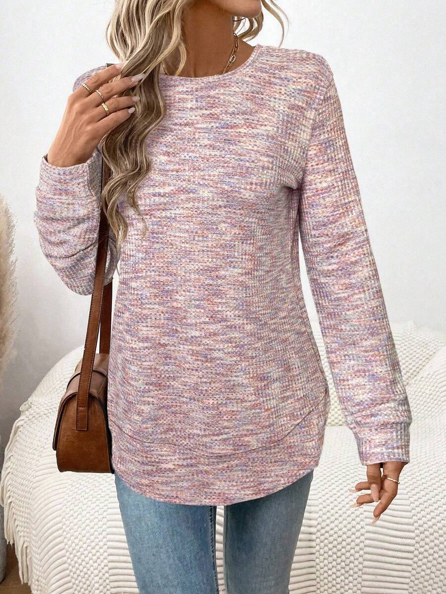 SHEIN LUNE Women's Casual Sweatshirt With Asymmetrical Hem, Floral Chiffon Waffle Texture Fabric, Comfortable For Sports, Home, And Elegant Outings, Autumn/Winter Women Long Sleeve Tops Long T Shirt For Women Knitted Tops For Women Women Casual Tops Space Dye Top,Fall