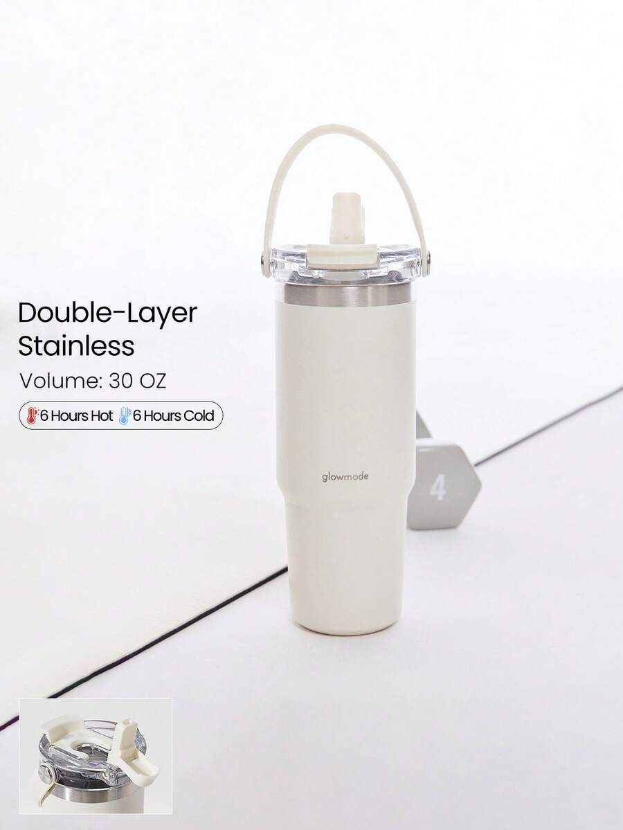 GLOWMODE Bình nước Easy Sipper 30 OZ bằng thép không gỉ, cách nhiệt kép, chống trầy xước, có ống hút lật tiện dụng, tay cầm chắc chắn, thích hợp cho phòng tập gym, studio, du lịch, leo núi, văn phòng, hoạt động ngoài trời, hàng ngày và phong cách thường ngày. - Màu be - Xem 1