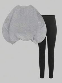 SHEIN 2 件套年轻女孩休闲简约可爱蝴蝶结图案长袖圆领运动衫和裤子套装，适合秋冬季 - 淺灰色 - 查看 2