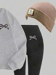 SHEIN 2 件套年轻女孩休闲简约可爱蝴蝶结图案长袖圆领运动衫和裤子套装，适合秋冬季 - 淺灰色 - 查看 7