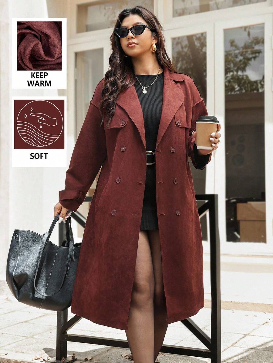 Vionelle Abrigo cortavientos de unicolor elegante de gamuza sintética con decoración de cinturón para tallas grandes, abrigos de otoño/invierno para mujeres, color burdeos, blazer de color marrón oscuro para mujeres - Burdeos - Ver 1