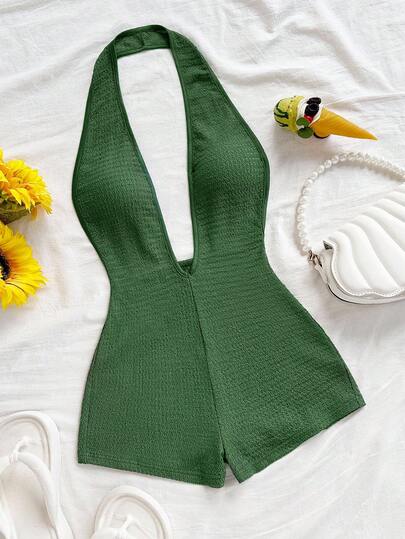 Soleia 女士度假白色针织纹理波浪图案深 V 领露背性感紧身衣，时尚合身，适合派对、约会、下午茶、波西米亚风度假、海滩、夏季服装