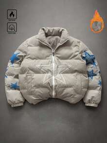 PAVTROS Men's Thermal Lined Warm Star Print Zip-Up Stand Collar Long Sleeve Padded Coat, Winter - Grey - View 3