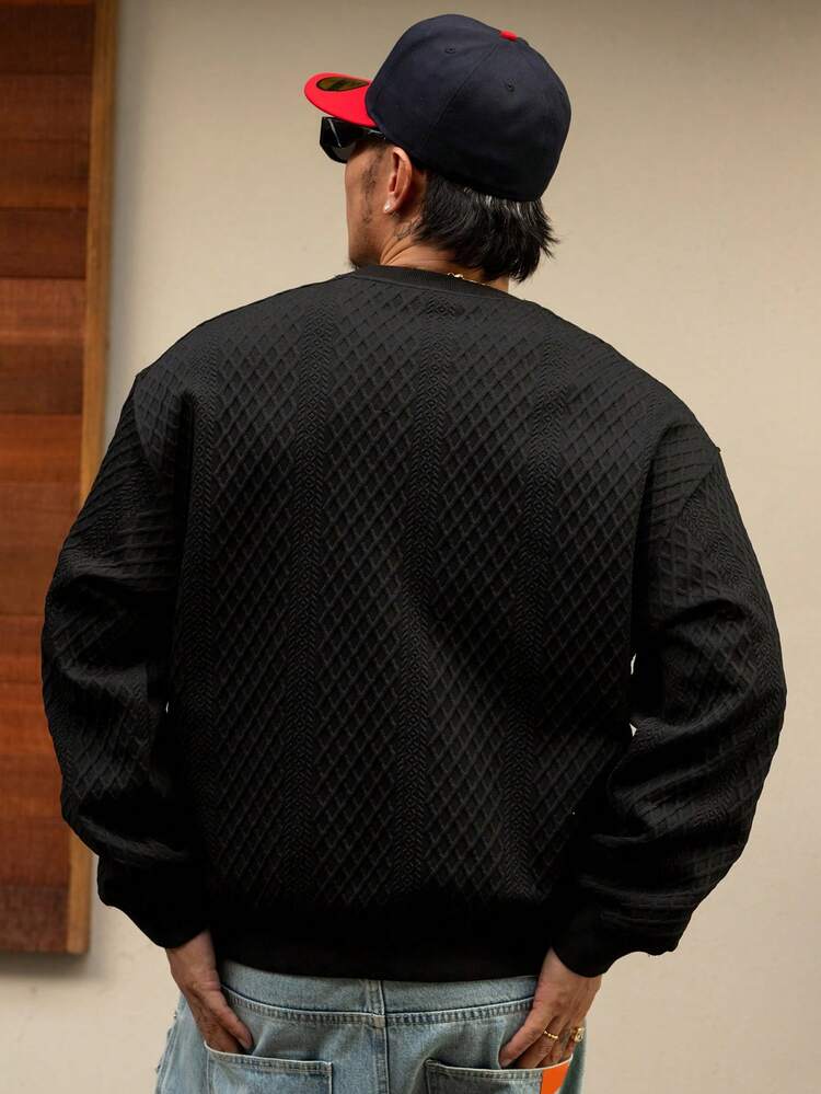 Autumn Pattern Embroidered Textured Fabric Suitable Crew Neck Men Pullover Sweatshirt