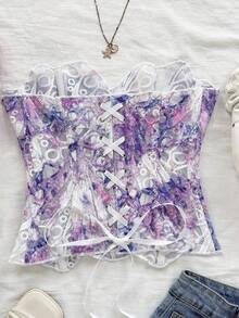 Soleia 性感露肩蕾丝双层合身束腰上衣，花卉刺绣镂空浪漫甜美粉色上衣，女士夜店装